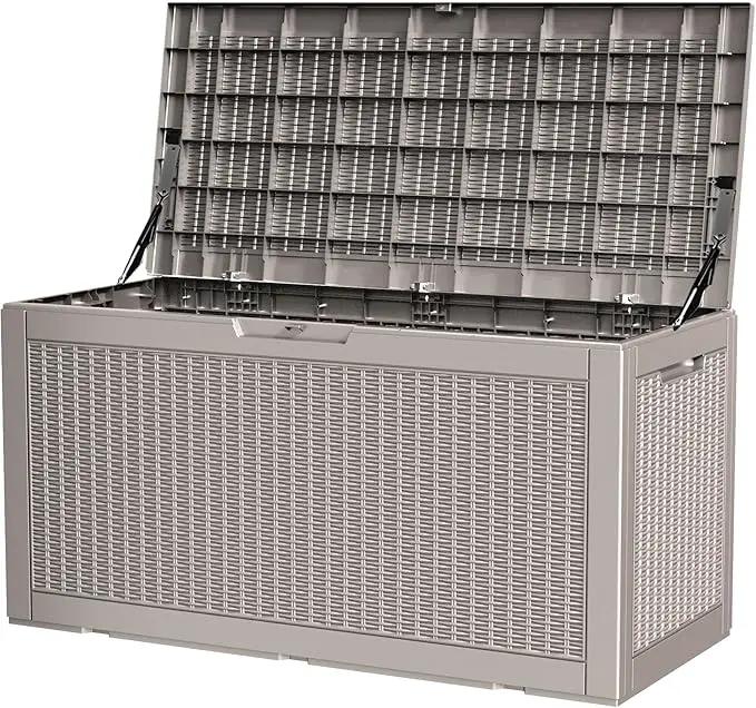 100 Gallon Storage Box, Waterproof Resin Deck Box with Hydraulic Piston Design, Lockable Storage Bench for Package Delivery, Storage Bin for Patio Cushions, Garden Tools, Grey by GreenHaven Gardens