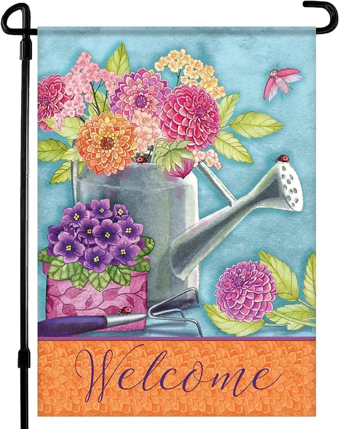 Spring Garden Flags 12.5x18 Double Sided - Floral Watering Can Flag Printed in Premium Polyester - Seasonal House Welcome Banner for Outdoor, Yard, Lawn, Deck, and Patio - Suits Most Holder by GreenHaven Gardens