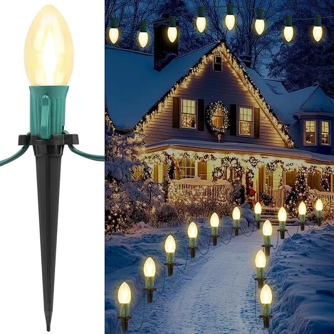 C9 Christmas String Lights for Pathway , 26FT LED 20 Clear Lights with 20 Stakes, Waterproof Shatterproof 2700K Warm White Linkable Walkway Lights for Outdoor Indoor Xmas Driveway Yard Garden Decor by GreenHaven Gardens