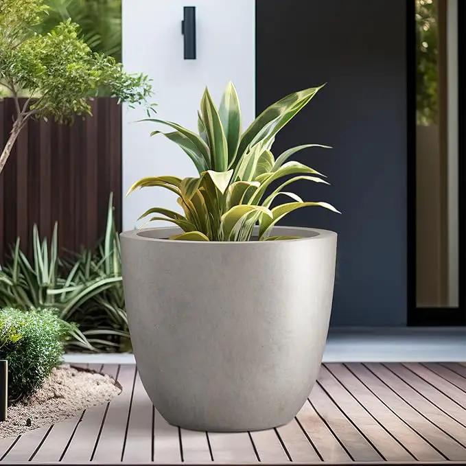 Kante 10 Inch Dia Round Concrete Planter, Indoor Outdoor Large Plant Pot with Drainage Hole and Rubber Plug for Home Patio Garden, Buff Concrete by GreenHaven Gardens