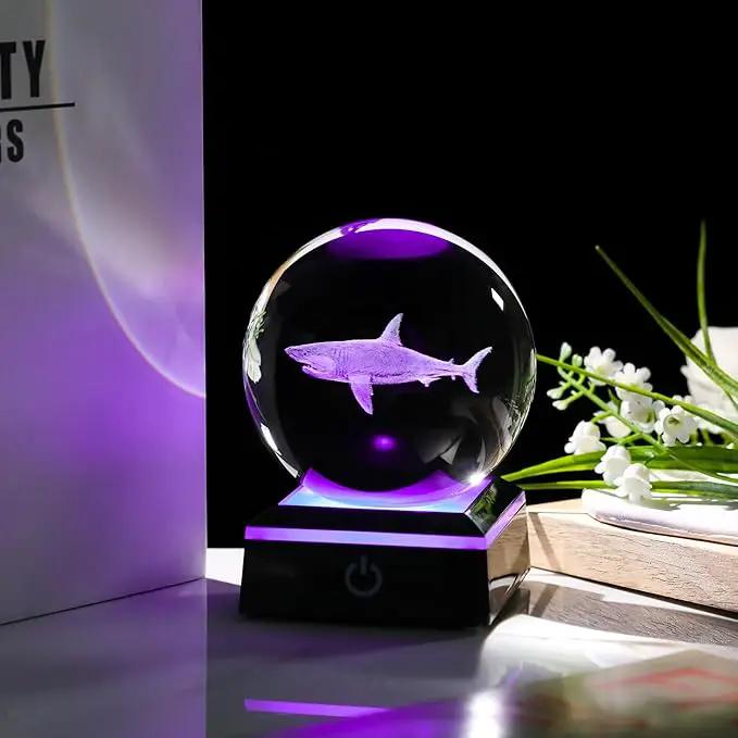 Shark Gifts for Women Men 3D Crystal Ball 3.14'' - Laser Shark Decor Glass Animals Figurines Statue Stuff for Room Night Light Shark Gifts for Mom by GreenHaven Gardens