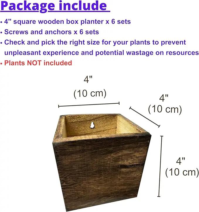 LaLaGreen Wood Planter Boxes for Indoor Plants (6 Pack, 4x4 Inch) Small Square Wall Mounted Planters Flower Pot, Herb Wooden Box Hanging Plant Holder Outdoor Balcony Vertical Garden Modern Home Decor by GreenHaven Gardens