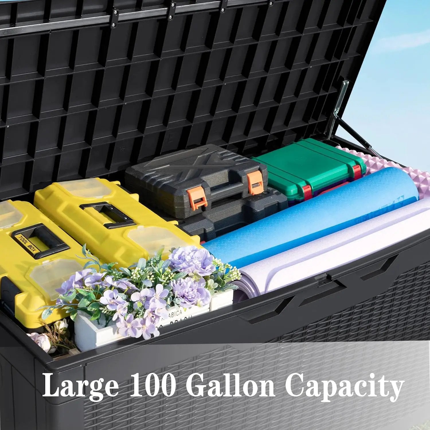 Greesum 100 Gallon Resin Deck Box Large Outdoor Storage Boxes with Cushions for Garden Tools, Patio Furniture Pillows, Pool Supplies, Black by GreenHaven Gardens