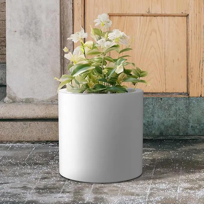 Kante 15.7" Dia Round Concrete Planter, Modern Style Large Cylindrical Plant Pot with Drainage Hole and Rubber Plug for Indoor Outdoor Patio, White by GreenHaven Gardens
