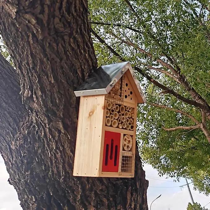 TIHOOD Natural Wooden Hanging Bee House for Gardens Natural Wooden Butterfly Hotel for Bee, Butterfly, Ladybirds, Habitat, Bee Hotel Garden by GreenHaven Gardens