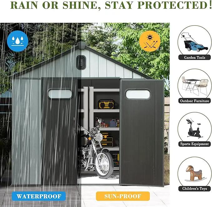 Domi 8x10FT Outdoor Resin Storage Shed with Transparent Windows & Louvered Vents, Plastic Tool Shed with Double Lockable Doors & Gable Roof, Outside Garden Shed for Backyard, Patio, Lawn, Grey by GreenHaven Gardens