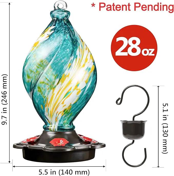 LUJII Ice Cream Shaped Spiral Hummingbird Feeder for Outdoors Hanging, Hand Blown Glass, 28 fl.oz, Leak Proof & Rustproof, Includes an Ant Moat with Hook, Unique & Stylish Glass Art & Decor (Teal) by GreenHaven Gardens
