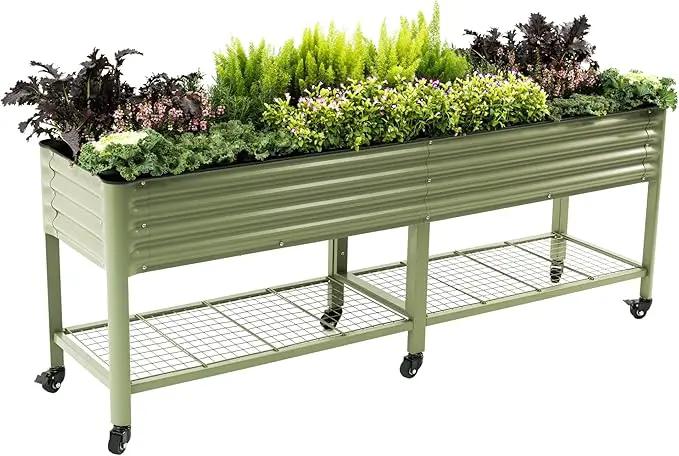 Rolling Elevated Raised Garden Bed-V Series, 2' x 8' Garden Beds with Legs & Storage Rack for Patio & Porch, 1400 Lbs Weight Capacity, Outdoor Planter Box for Vegetables Flower Herbs, Olive Green by GreenHaven Gardens
