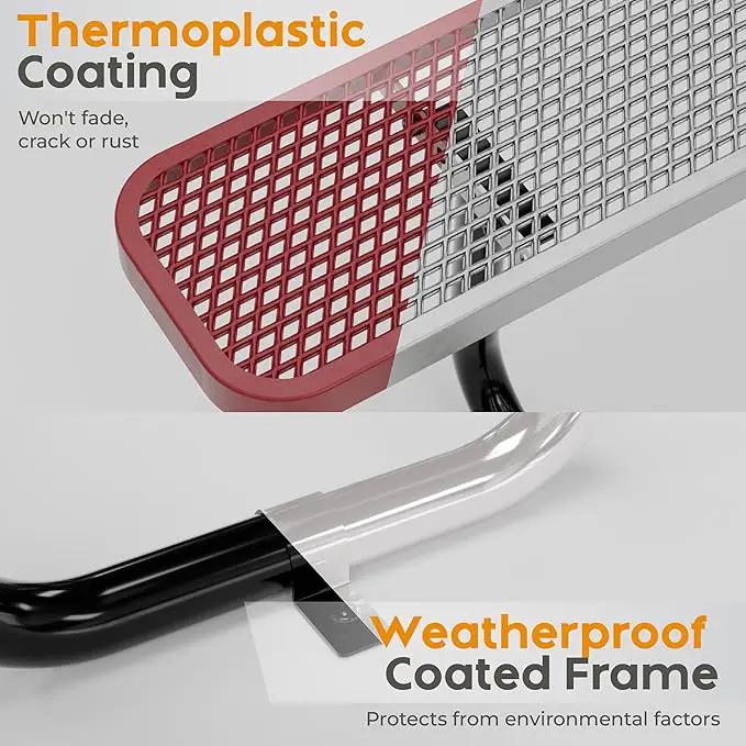 Metal Picnic Tables for Outdoors with Umbrella Hole - Coated Steel Heavy Duty Commercial Grade Table with Adjustable Seats (Red, 46 in, Square with Back, Expanded Steel) by GreenHaven Gardens