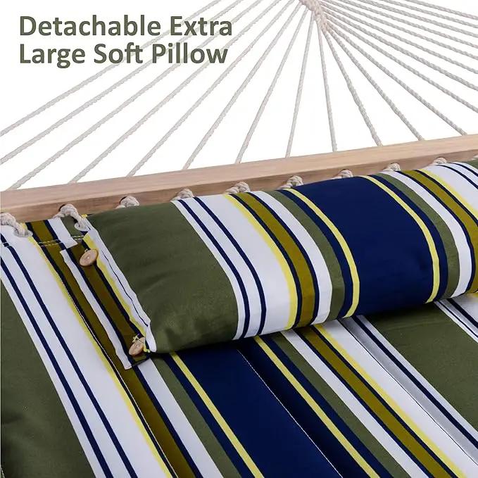 SUNCREAT Double Hammock, Extra Large Quilted Fabric Swing with Hardwood Spreader Bars & Detachable Pillow, Heavy Duty, Perfect for Indoor/Outdoor Patio, Deck, Yard, Blue&Aqua by GreenHaven Gardens