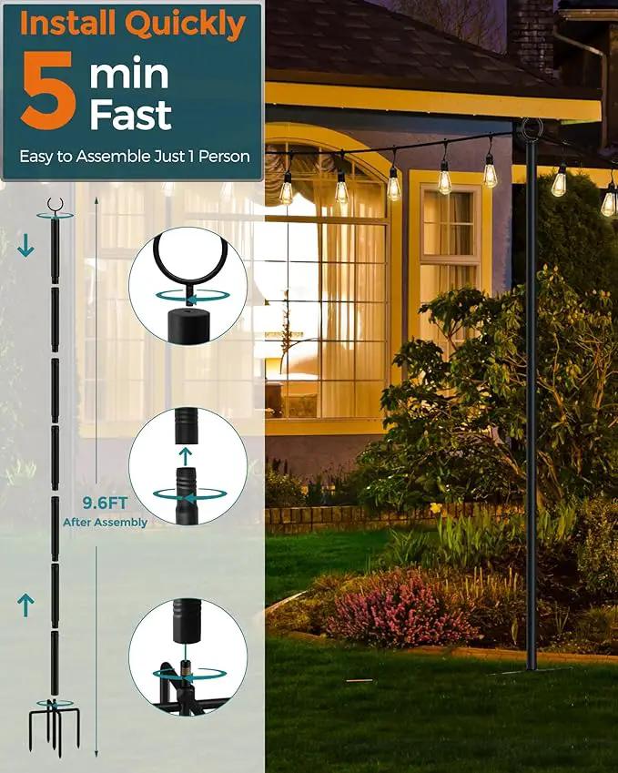 LAND·VOI Metal String Light Poles for Outside Hanging - Backyard, Garden, Patio, 1 Pack Lighting Stand with Adjustable Height for Outdoor Parties, Wedding, Extra-Long 5-Prong Claws, (9.6FT) FLP01B by GreenHaven Gardens