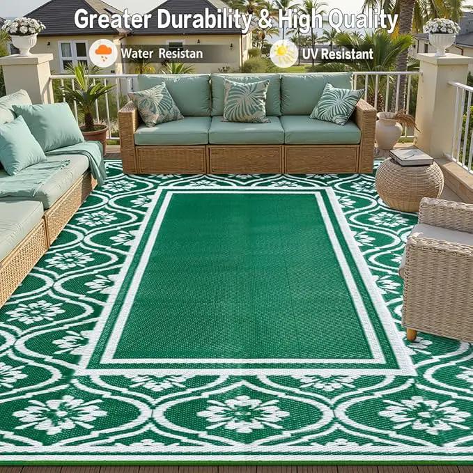 Outdoor Rug 8x10 Patio Waterproof Mat Camping Carpet Outside Area Rug Reversible Green Rugs for RV Deck Entryance Porch Picnic Balcony Beach by GreenHaven Gardens