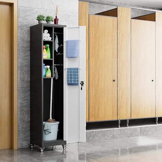 72''H Metal Broom Closet Storage Cabinet with Wheels & Pegboards, Mops Broom Closet Organizer with Locking Door & Hanging Rod,Cleaning Tool Garage Cabinet,Assembly Required,Black White by GreenHaven Gardens