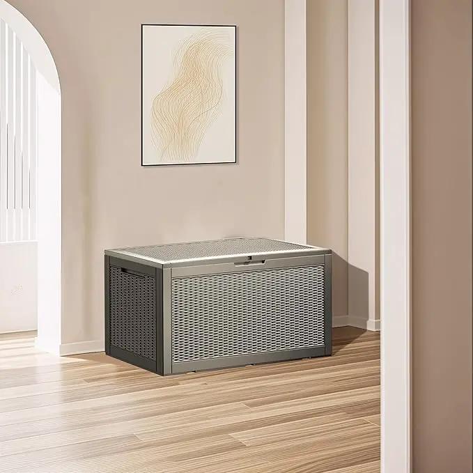 Multi-Functional 100 Gallon Patio Storage Bench - Waterproof Outdoor Deck Box & Storage Cabinet, Lockable Resin Chest for Pool/Garden Accessories, UV-Resistant, Weathered Grey by GreenHaven Gardens