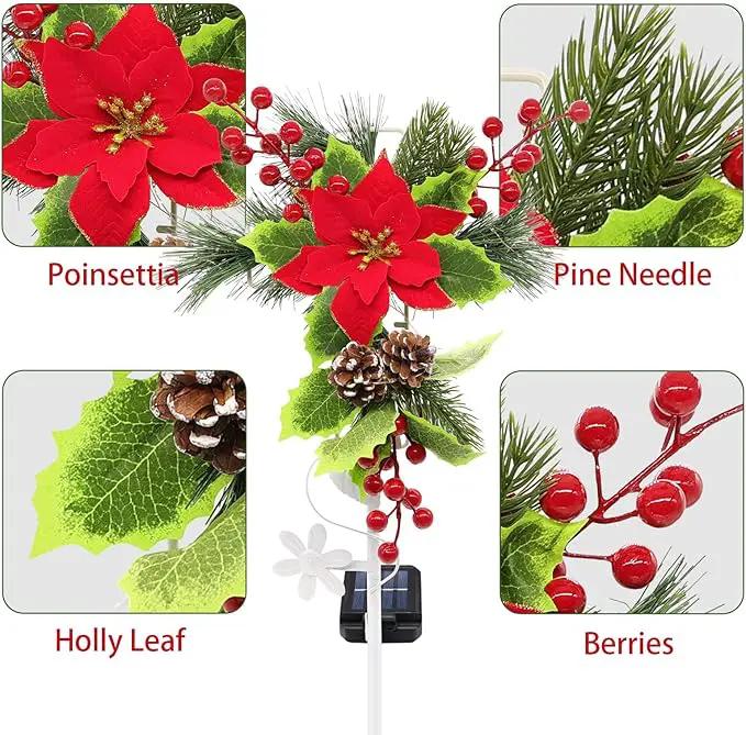 4 Pack Solar Christmas Decorations Outdoor, 32 Inch Solar Christmas Cross Stake Lights, Waterproof Grave Decorations with Poinsettia Flower Pinecones Red Berries for Garden Yard Patio Lawn Cemetery by GreenHaven Gardens