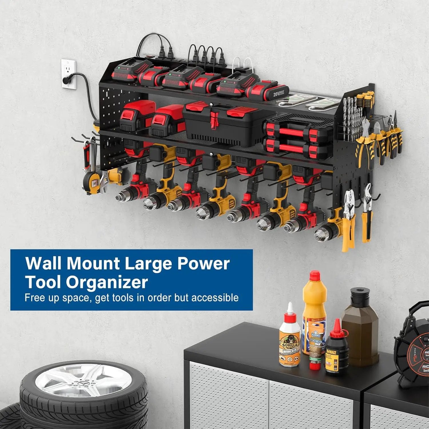JUNNUJ Large Power Tool Organizer Wall Mount with Charging Station. Garage 8 Drill Holder Tools Battery Storage Shelf, Heavy Duty Utility Storage Rack Built in 8 Outlet 3 USB 6 FT Power Strip by GreenHaven Gardens