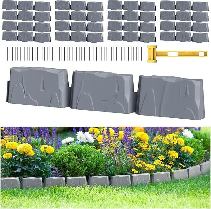 16Pcs Landscape Edging(24 Foot) with 48 Pieces 8-inch Spikes | 3 Inch Tall Faux Stone Edging for Landscaping | Faux Stone Edging Bricks for Flower Bed,Lawn,Yard,Weed Barrier(Dark Grey) by GreenHaven Gardens