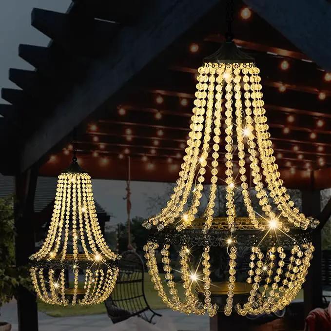 Hanging Solar Chandelier Outdoor, 30 Warm White Lights Acrylic Clear Beaded Chandelier with S Hooks Modern Lantern for Garden Yard Patio Gazebo Decorations, 28”H by GreenHaven Gardens