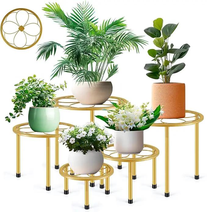 5 Pack Metal Plant Stand, Anti-Rust Iron Plant Stands for Indoor and Outdoor, Heavy Duty Flower Pot Stands for Multiple Plant, Black Potted Plant Holder for Garden Home (5 Pack Gold) by GreenHaven Gardens
