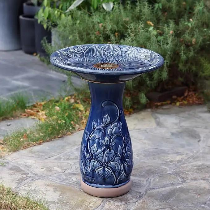 LuxenHome 22 Inch Ceramic Bird Bath for Outside, Elegant Tall Outdoor Bird Bath, Lightweight Pedestal Glazed Birdbaths for Outdoors with Floral Pattern, Deep Blue by GreenHaven Gardens