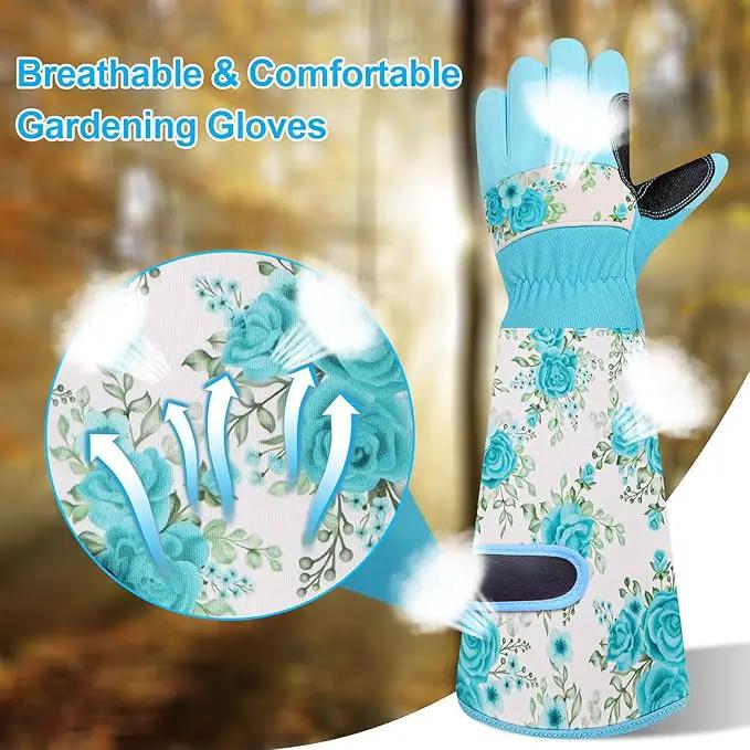 DLY Gardening Gloves for Women, Rose Gloves Gardening Thorn Proof, Long Garden Gloves for Women, Breathable & Durable Leather Gauntlet(Medium, Light Blue) by GreenHaven Gardens