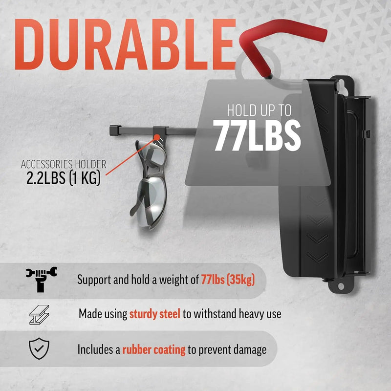 STELLARMOUNTS Bike Wall Mount - Wheel Hook Bracket - Industrial Class Bikcycle Rack Holds Up to 77 lbs - Secure Bike Storage Can be Mounted on Indoor/Outdoor Walls, Black/Red by GreenHaven Gardens