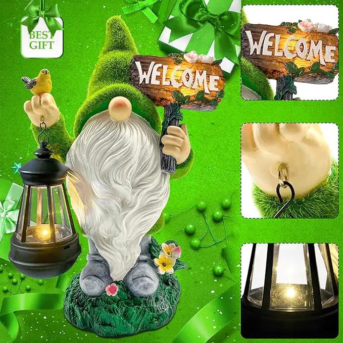 Lovinland Garden Gnome Statue Outdoor Decor Large Flocked Resin Gnome Figurine with Solar Light Holding Lantern Welcome Sign Garden Yard Decorations Dwarf Sculpture for Outside Patio Porch Lawn Decor by GreenHaven Gardens