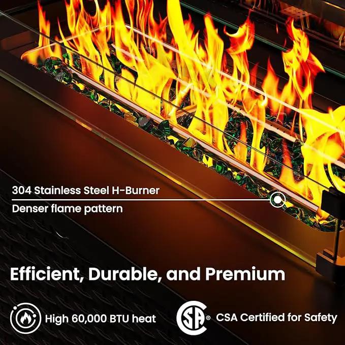 Ciays 43-Inch Rectangular Propane Fire Pit with 60,000 BTU Output, Fire Pit Table Premium Gas for Outside Patio with 304 Stainless Steel H-Burner, Glass Stones, and Wind Guard,Black by GreenHaven Gardens