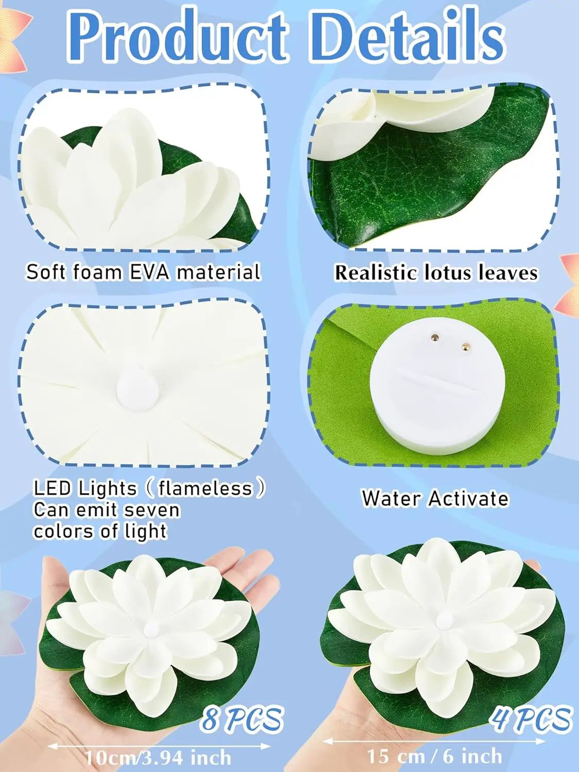 Hortsun 12 Pcs Floating Lotus Lights with Batteries Lily Pads Pool Flowers Diwali Pooja Decorations Floating Candles Decor for Pool Pond Outdoor Indoor(3.94/5.91 Inch,White) by GreenHaven Gardens