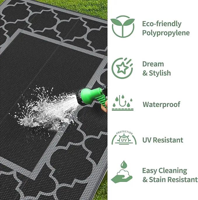GENIMO 6' x 9' Outdoor Rug Waterproof for Patio Decor, Foldable Reversible Plastic Straw Area Rugs Mat for Camper, Outside Carpet for Rv, Deck, Porch, Picnic, Beach, Balcony, Black & Grey by GreenHaven Gardens