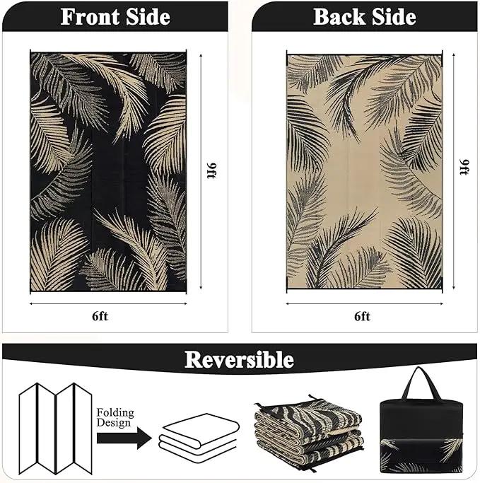 Pauwer Waterproof Outdoor Rug 6x9, Reversible Plastic Straw Patio Camping Rug, Indoor Outdoor RV Mat Carpet for Deck, Camper, Porch, Balcony, Backyard, Picnic, Leaf Black Brown by GreenHaven Gardens