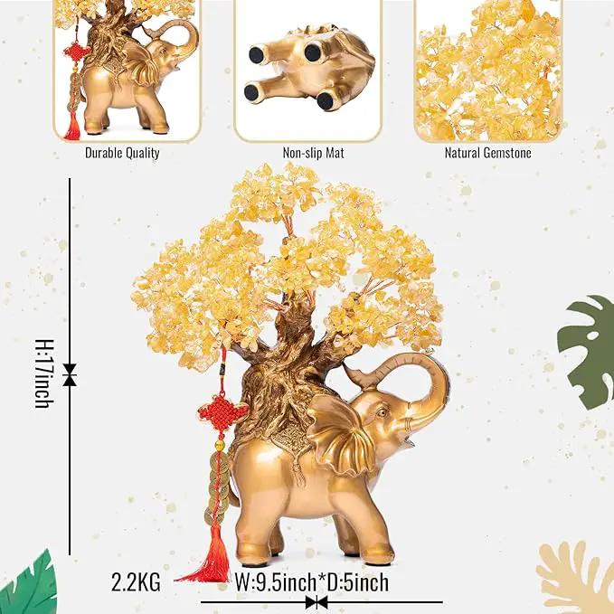 Citrine Crystal Money Tree on Gold Elephant Statue, 17”Large Gemstone Bonsai Tree of Life Home Décor Gifts for Wealth Positive Energy, Feng Shui Décor by GreenHaven Gardens