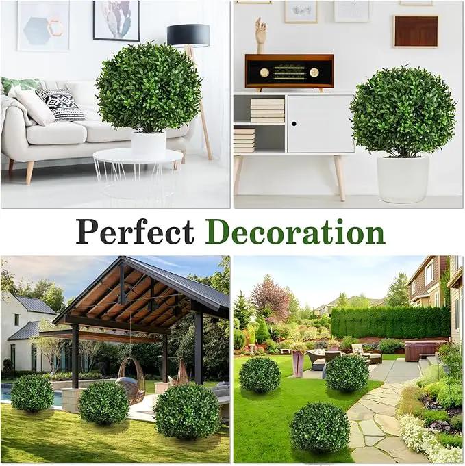 Artificial Olive Leaf Boxwood Topiary Ball Trees, Set of 2 UV Resistant 16in Outdoor Plants – Artificial Bonsai, Miniature Trees, Garden, Curb Appeal by GreenHaven Gardens
