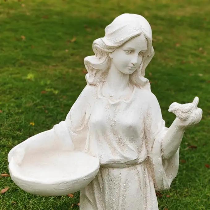Garden Outdoor Nymph Statue Girl Maid Statue 40 Inch with Birdbath Bird Bath Bowl Magnesium Oxide Sculpture Patio Yard Lawn Decor Ivory by GreenHaven Gardens