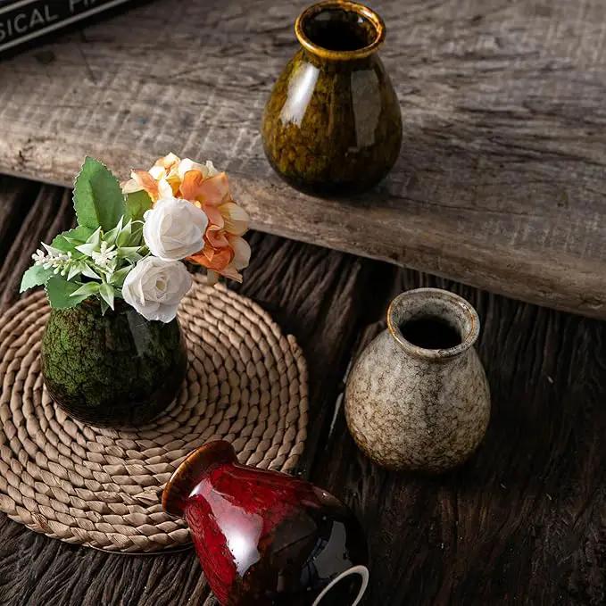 JOJUNO Glazed Rustic Bud Vase Set of 4 - Small Ceramic Mini Pottery Vases in White, Yellow, Green, Red - Ideal for Fresh & Dried Flowers - Modern Farmhouse Décor for Living Room, Shelves, Dining Table by GreenHaven Gardens