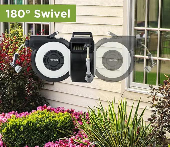 Tuyeho Retractable Garden Hose Reel 130 FT, Wall Mount Heavy Duty Water Hose Reels with Automatic Slow Rewind System, Outdoor Hoses Reel with 2 Hose Nozzles for Garden Watering, Car Wash, Pet Shower by GreenHaven Gardens