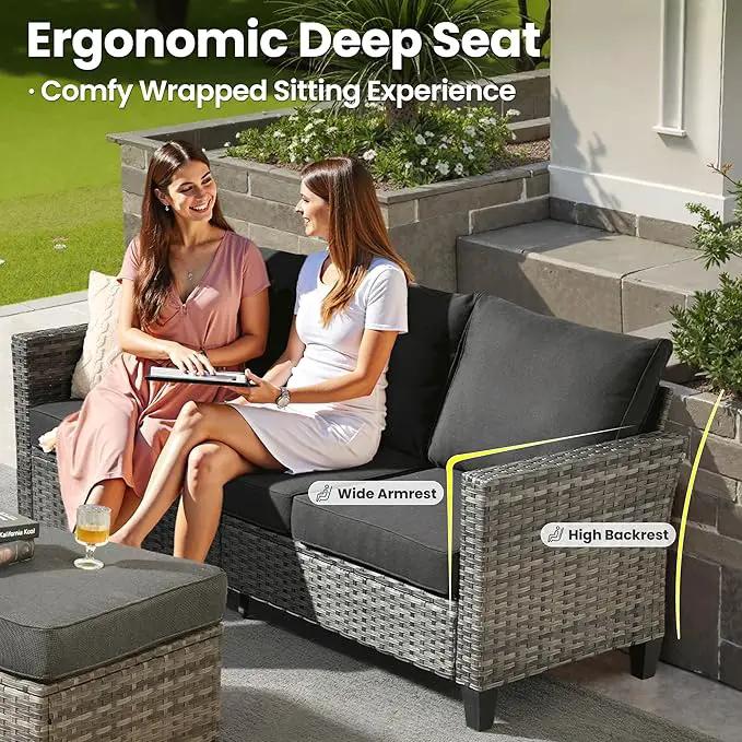 ovios 7 Pieces Patio Furniture Set with 42" Fire Pit Table, Outdoor Wicker Sofa with Swivel Chairs, All Weather High Back Rattan Couch Conversation Set, Black by GreenHaven Gardens