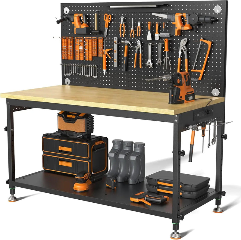 48" Heavy Duty Work Bench Adjustable Height Max Load 2000 LBS with Storage Shelf for Garage Workbench, Rubberwood Tabletop with Pegboard, LED Light, Built-in Power Strip for Woodworking Shop by GreenHaven Gardens