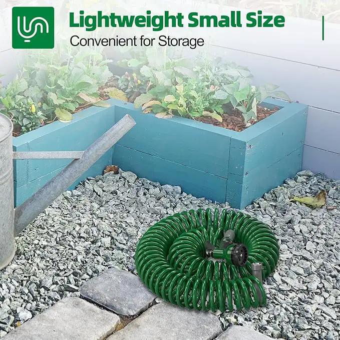 3/8" Lightweight Coil Garden Hose 50 FT, EVA Flexible Curly Water Pipes with 6-Pattern Spray Nozzle for Boat, Greenhouse, Yard, Patio, Green by GreenHaven Gardens