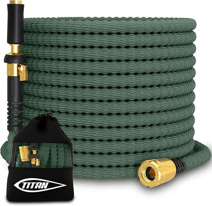 TITAN Flexible Garden Hose 15FT – Ultra Lightweight, Heavy Duty Water Hose with Brass Fittings & Jet Nozzle – Kink-Free, Non-Expanding, Durable Fabric Hose for Yard, Lawn, Car Wash, Outdoor Use by GreenHaven Gardens