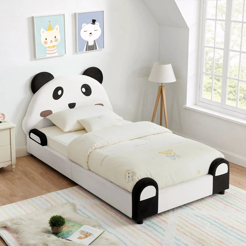 Twin Size Cute Panda-Shaped Kids Bed with Velvet Fabric by HouseOfZazla