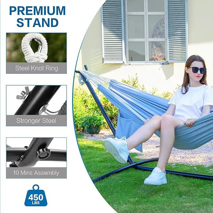 PNAEUT Double Hammocks with Stand for Outside, Portable Space Saving Heavy-Duty Steel Stand for Indoor Outdoor Patio with Carrying Bag, 450 lbs Capacity (Gray) by GreenHaven Gardens
