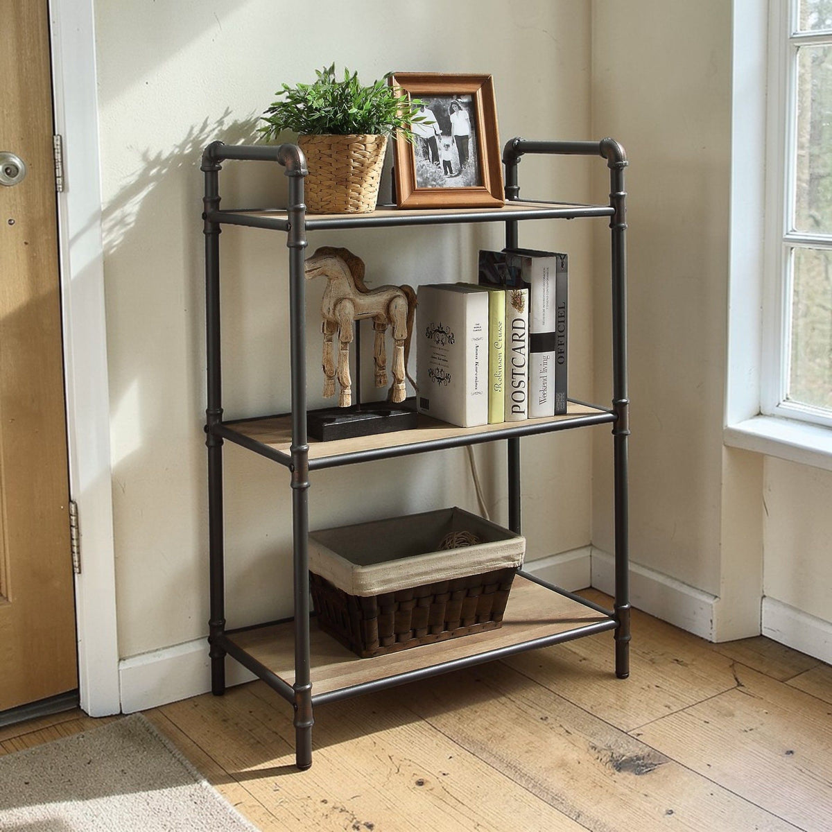 Light Brown Bookshelf with Durable Metal Frame - 26"W x 14"D x 49"H, photo 13 of 19