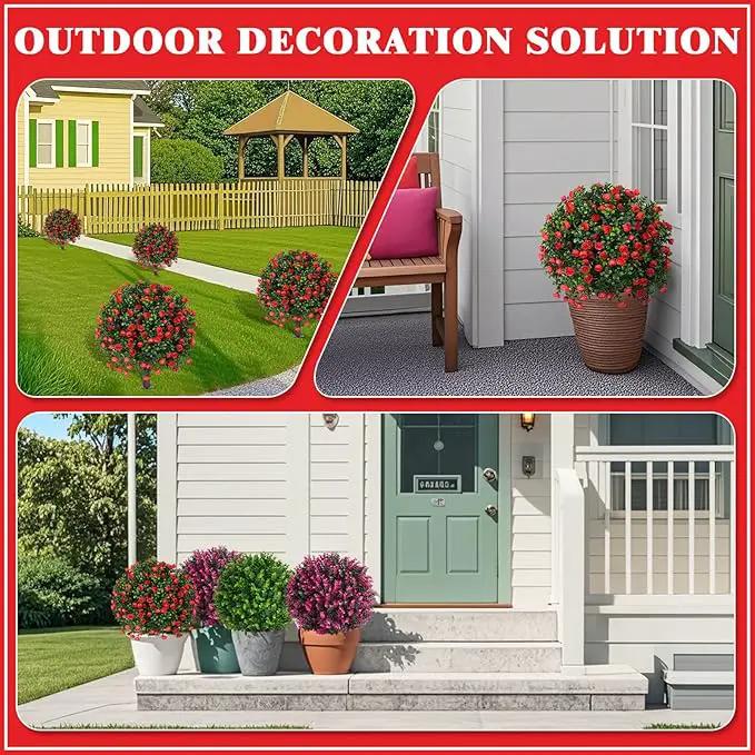 Artificial Boxwood Topiary Tree with Rose, Set of 2 Artificial Shrub Bushes with Ground Spike, Fake Evergreen Tree for Porch, Artificial Plants for Outdoor Planters Indoor UV Resistant by GreenHaven Gardens