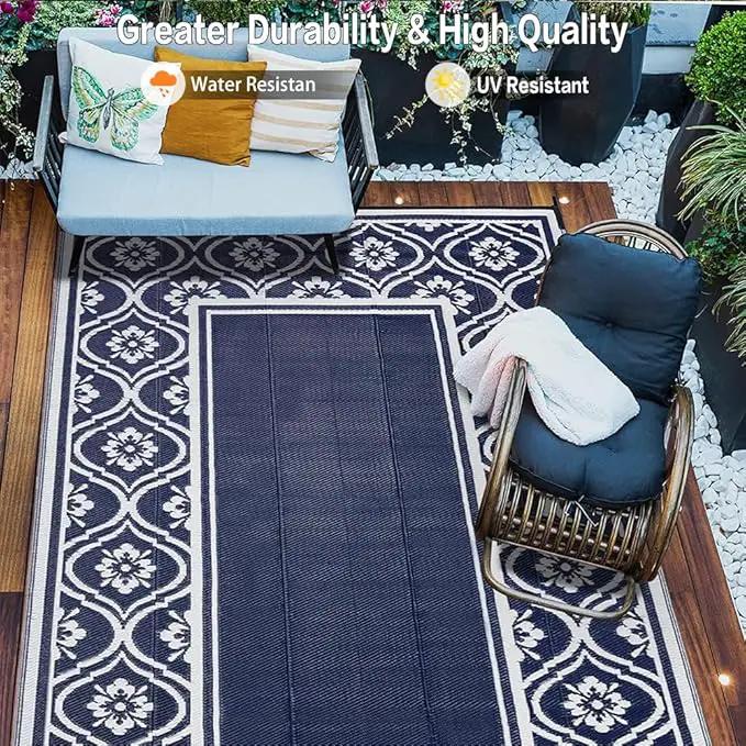 Outdoor Rug 8x10 Patio Camping Carpet Waterproof Mat Blue Outside Plastic Area Rug Reversible Rugs for RV Deck Entryance Porch Picnic Balcony Beach(8x10ft Navy Blue&White) by GreenHaven Gardens