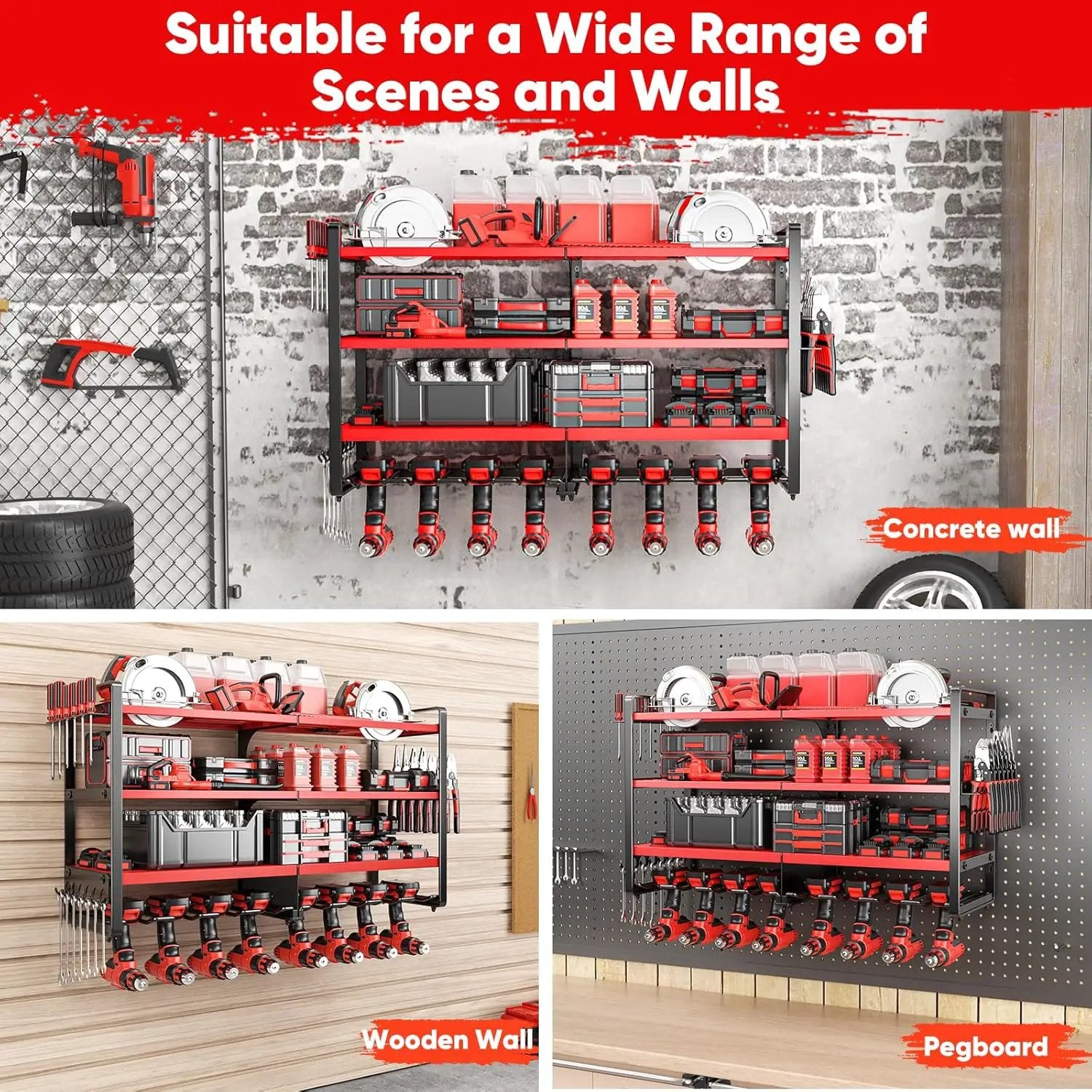 Upgrade Large power tool organizer Wall Mount,4 Layers Heavy Duty Metal Loads 400lbs Power Tool Hanger Shelf Battery Storage with 8 Cordless Drill Bit Holder,Utility Racks for Garage Tool Room by GreenHaven Gardens
