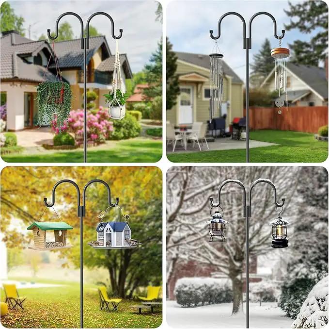 Double Shepherds Hooks for Outdoor, 2 Pack 63 Inch Bird Feeder Pole Hanger with 5 Prongs Base, Heavy Duty Bird Feeder Garden Hook for Hanging Plant, Lantern, Hummingbird Feeder by GreenHaven Gardens