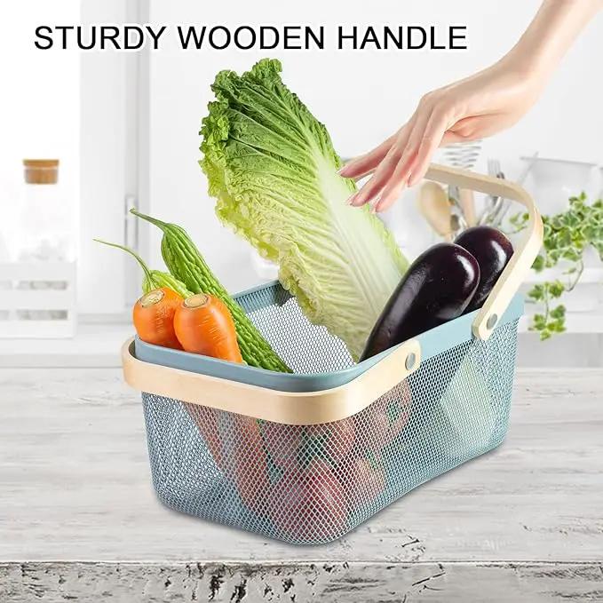 Portable Garden Harvest Basket-Mesh Design Natural Bamboo Handle Wire Storage Baskets,Mesh Basket with Handle Organize Items Reduce Space Occupation,Suitable for Kitchen,Garden,Picnic(Blue) by GreenHaven Gardens