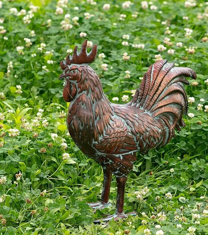 Garden Rooster Statues,15.7" L x 18.8" H Outdoor Metal Chicken Figurines,Antique Copper Chicken Sculptures & Statues Ornaments,3D Large Yard Rooster Decor for Home Kitchen Patio Farm by GreenHaven Gardens