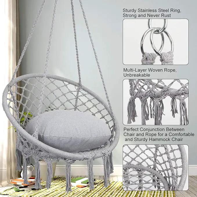 Y- STOP Hammock Chair Macrame Swing, Max 330 Lbs, Hanging Cotton Rope Hammock Swing Chair for Indoor and Outdoor Use, Light Grey by GreenHaven Gardens